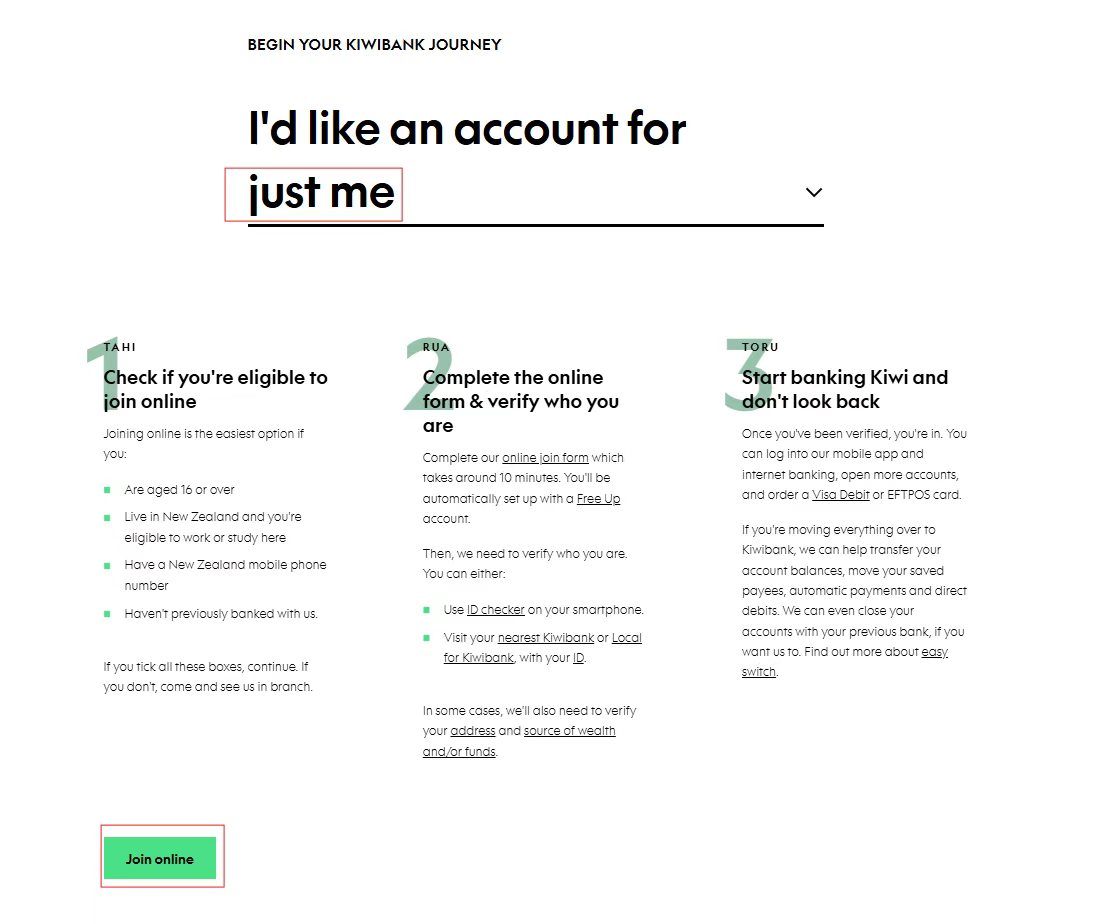 Kiwibank 首页，选择 just me 并点击 Join online